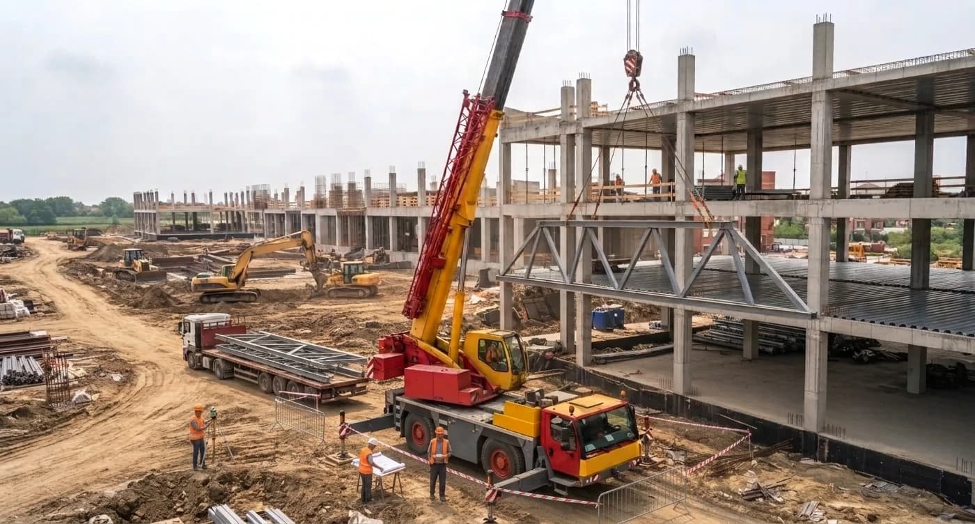 A mobile crane lifting a steel truss on a building site